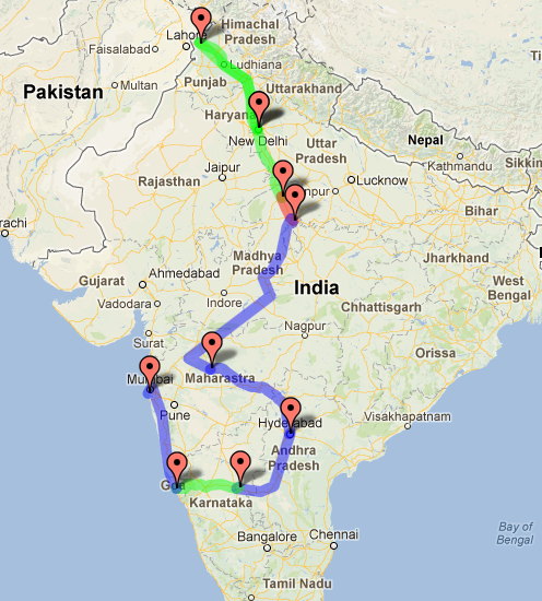 the Monsoon Meandering trip route